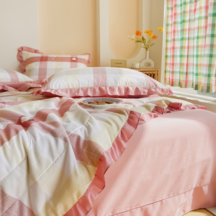 91家纺网 家纺一手货源 找家纺 眠屿 2021新款洛卡棉夏被四件套 向阳花开-粉