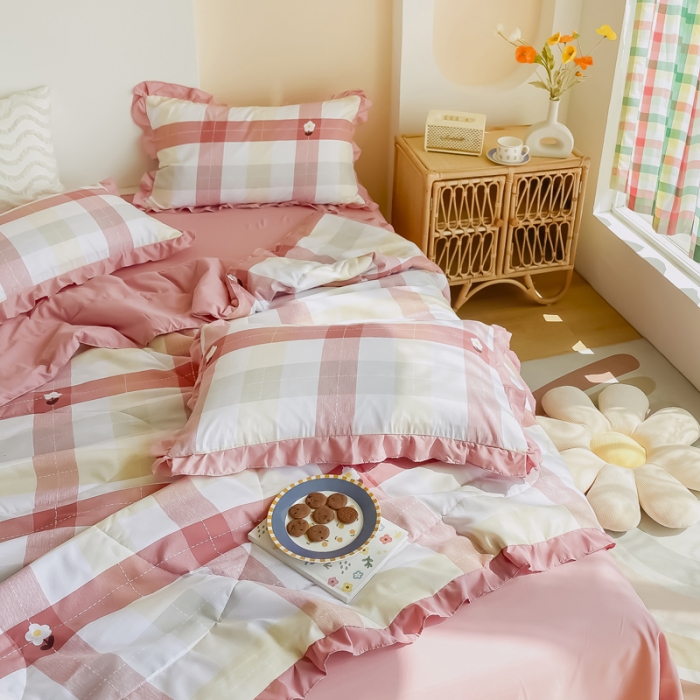 91家纺网 家纺一手货源 找家纺 眠屿 2021新款洛卡棉夏被四件套 向阳花开-粉