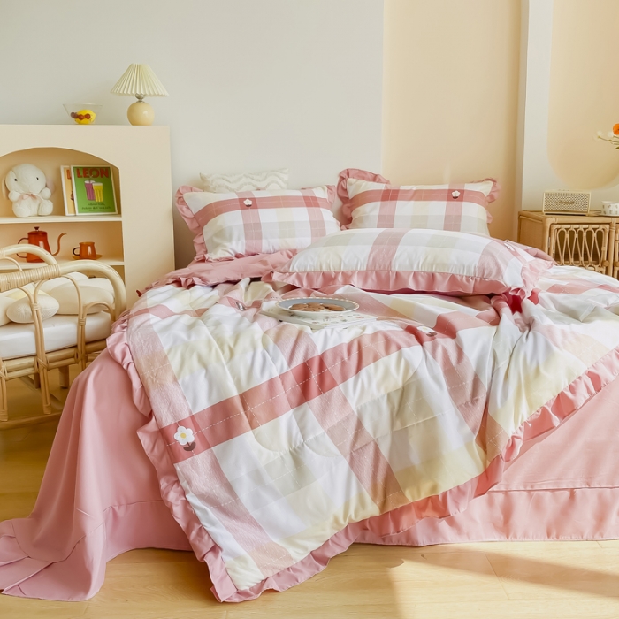 91家纺网 家纺一手货源 找家纺 眠屿 2021新款洛卡棉夏被四件套 向阳花开-粉