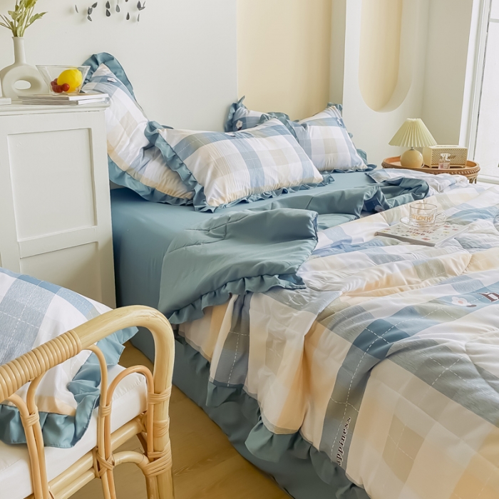 91家纺网 家纺一手货源 找家纺 眠屿 2021新款洛卡棉夏被四件套 向阳花开-绿