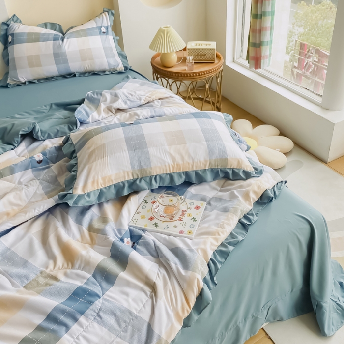 91家纺网 家纺一手货源 找家纺 眠屿 2021新款洛卡棉夏被四件套 向阳花开-绿