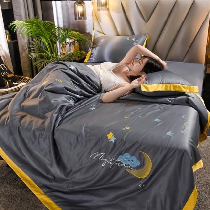 91家纺网 家纺一手货源 找家纺 印季 2021新款水洗真丝满版绣星月夜夏被四件套 星月夜-高级灰