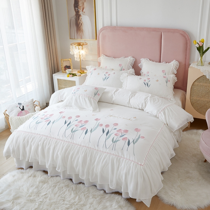 91家纺网 家纺一手货源 找家纺 （总）亲亲公主全棉绣花韩版公主风床裙款蕾丝四件套郁金香白色