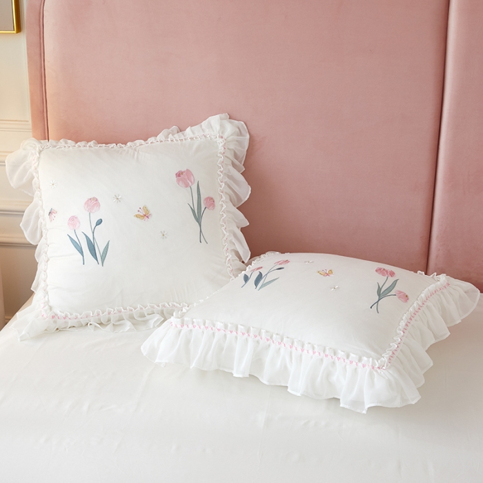 91家纺网 家纺一手货源 找家纺 （总）亲亲公主全棉绣花韩版公主风床裙款蕾丝四件套郁金香白色