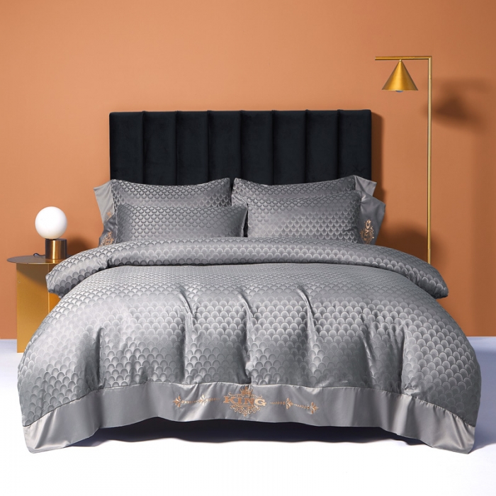 91家纺网 家纺一手货源 找家纺 眠帛2021新款60S贡缎提花全棉轻奢风四件套 路易斯高级灰