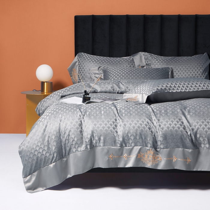 91家纺网 家纺一手货源 找家纺 眠帛2021新款60S贡缎提花全棉轻奢风四件套 路易斯高级灰