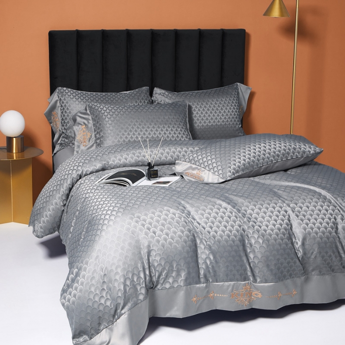 91家纺网 家纺一手货源 找家纺 眠帛2021新款60S贡缎提花全棉轻奢风四件套 路易斯高级灰