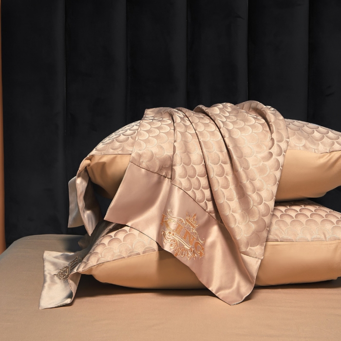 91家纺网 家纺一手货源 找家纺 眠帛2021新款60S贡缎提花全棉轻奢风四件套 路易斯香槟