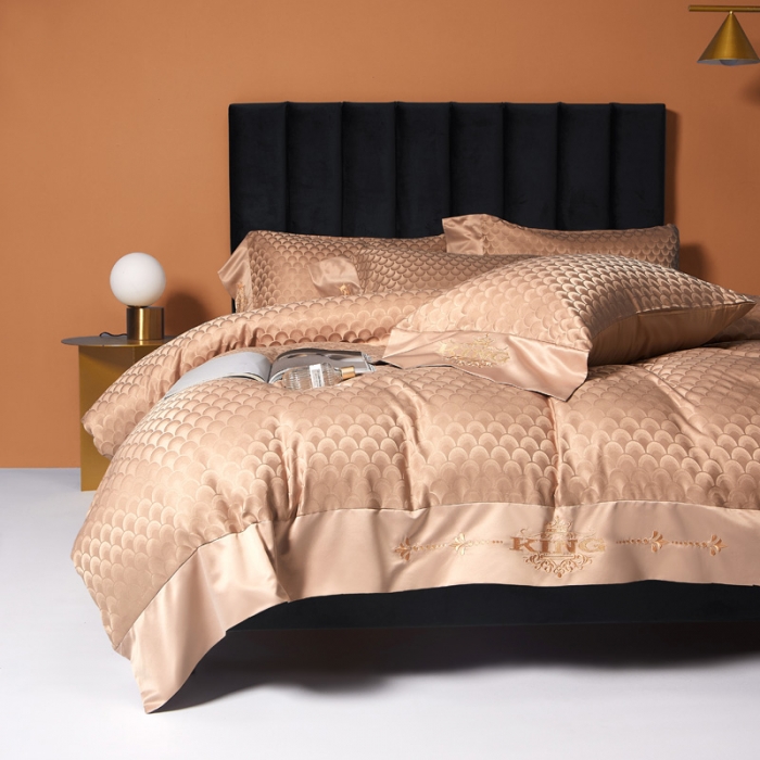 91家纺网 家纺一手货源 找家纺 眠帛2021新款60S贡缎提花全棉轻奢风四件套 路易斯香槟