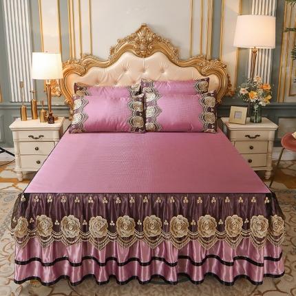 91家纺网 家纺一手货源 找家纺 瑞宝 2025新款高奢可水洗冰丝凉席床裙三件套 豆沙