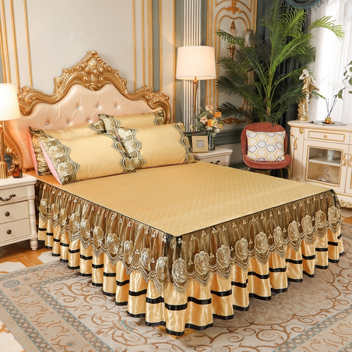 91家纺网 家纺一手货源 找家纺 瑞宝 2025新款高奢可水洗冰丝凉席床裙三件套 金驼色