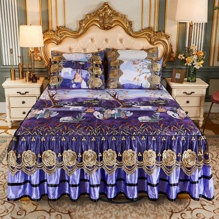 91家纺网 家纺一手货源 找家纺 瑞宝 2025新款高奢可水洗冰丝凉席床裙三件套 迷离叶