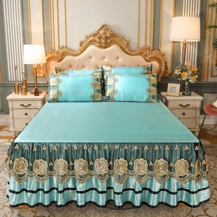 91家纺网 家纺一手货源 找家纺 瑞宝 2025新款高奢可水洗冰丝凉席床裙三件套 水绿