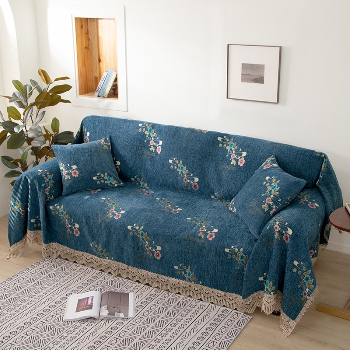 91家纺网 家纺一手货源 找家纺 启博 2022全盖雪尼尔沙发巾沙发垫沙发套沙发罩 花季相约-蓝