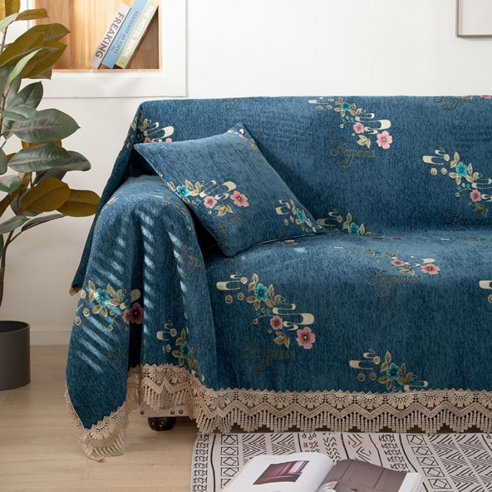 91家纺网 家纺一手货源 找家纺 启博 2022全盖雪尼尔沙发巾沙发垫沙发套沙发罩 花季相约-蓝