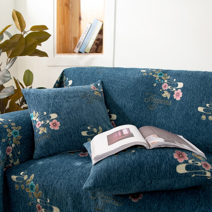 91家纺网 家纺一手货源 找家纺 启博 2022全盖雪尼尔沙发巾沙发垫沙发套沙发罩 花季相约-蓝