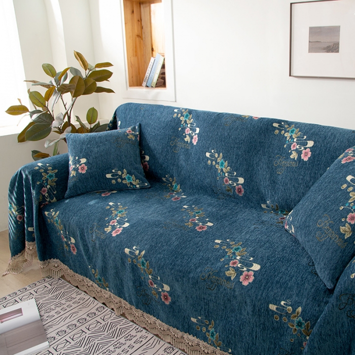 91家纺网 家纺一手货源 找家纺 启博 2022全盖雪尼尔沙发巾沙发垫沙发套沙发罩 花季相约-蓝