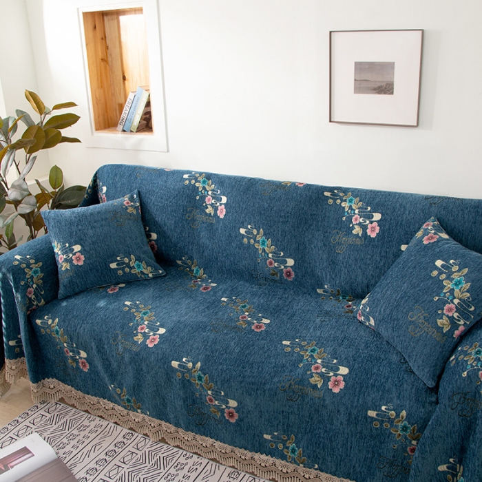 91家纺网 家纺一手货源 找家纺 启博 2022全盖雪尼尔沙发巾沙发垫沙发套沙发罩 花季相约-蓝