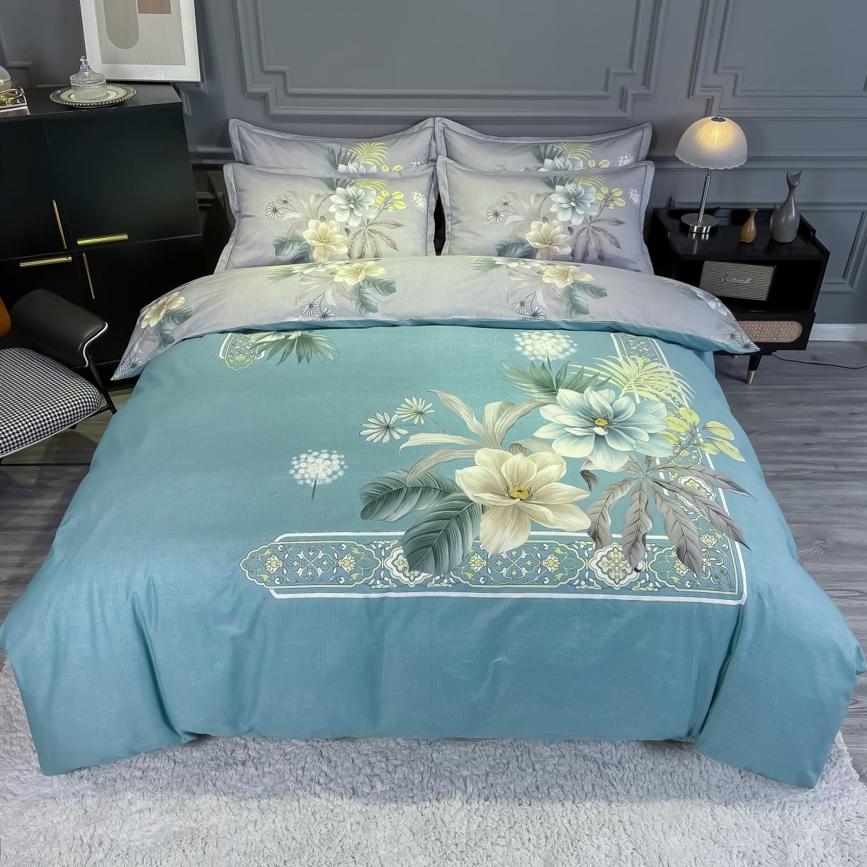 91家纺网 家纺一手货源 找家纺 金爱家 2021新款全棉活性花卉系列四件套 叶知秋兰