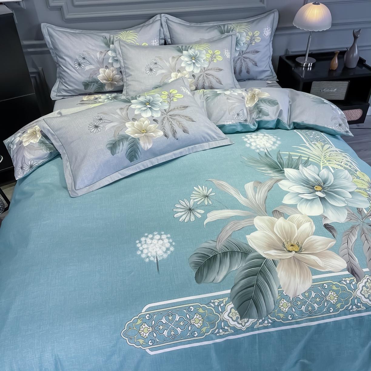 91家纺网 家纺一手货源 找家纺 金爱家 2021新款全棉活性花卉系列四件套 叶知秋兰