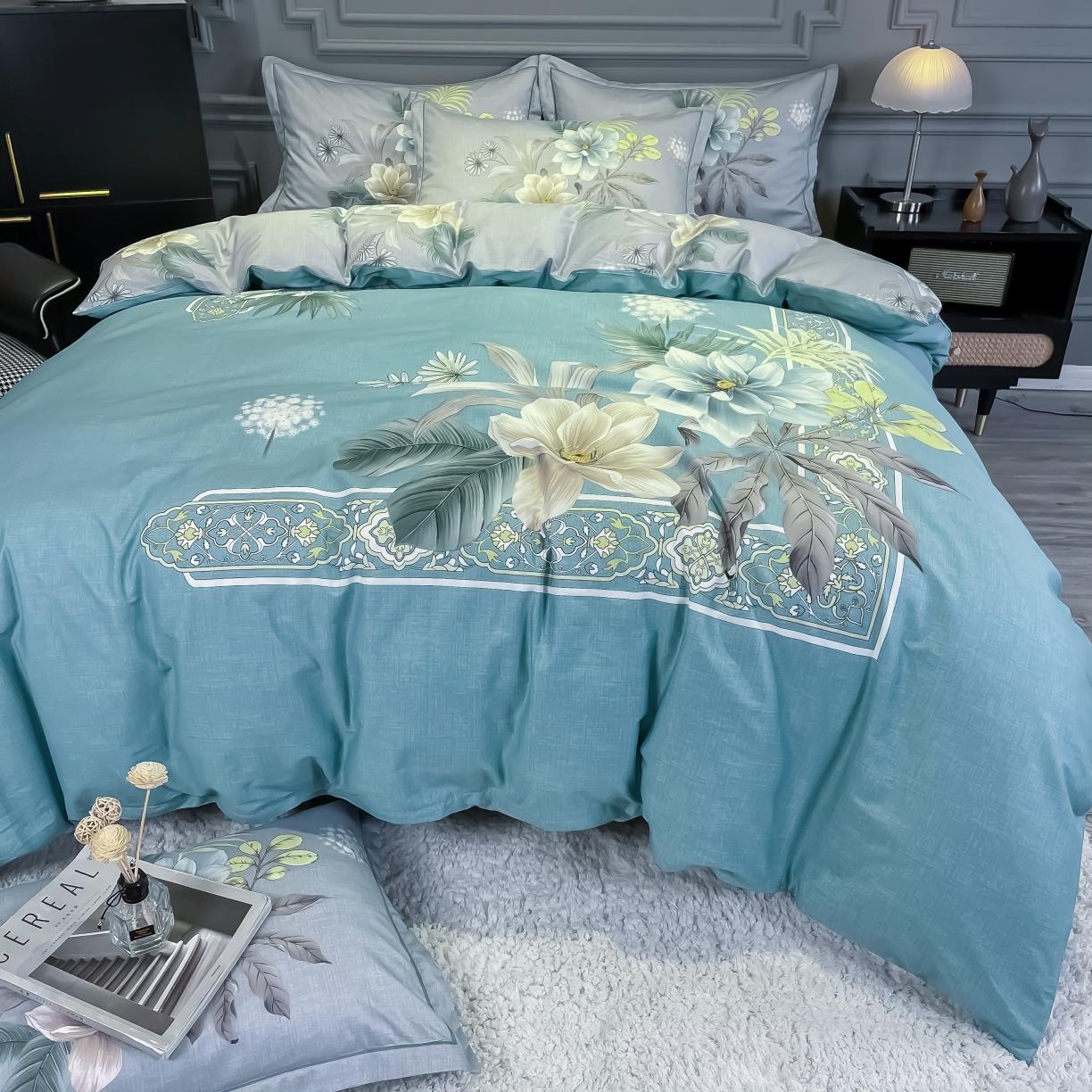 91家纺网 家纺一手货源 找家纺 金爱家 2021新款全棉活性花卉系列四件套 叶知秋兰