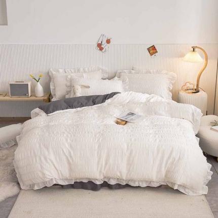 91家纺网 家纺一手货源 找家纺 逸尚阁 2021新款泡泡纱四件套 梨花白＋灰