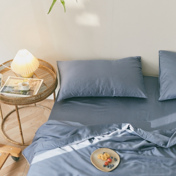 91家纺网 家纺一手货源 找家纺 丽笙 2021新款60兰精天丝素色刺绣系列夏被 简朴蓝