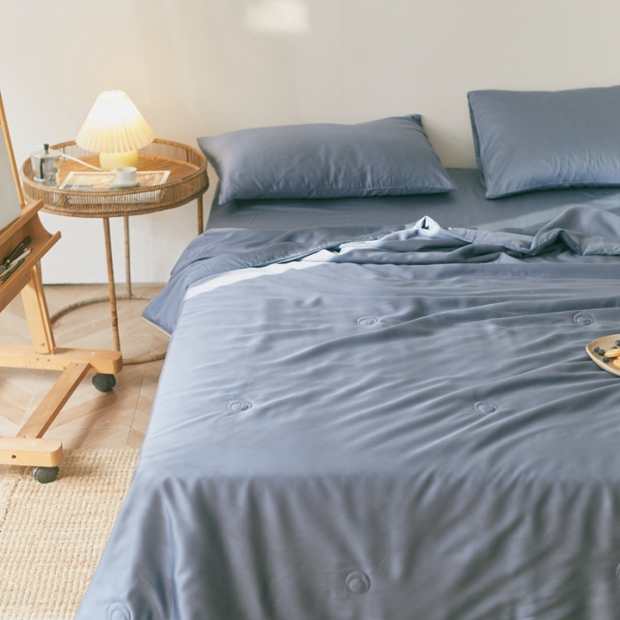 91家纺网 家纺一手货源 找家纺 丽笙 2021新款60兰精天丝素色刺绣系列夏被 简朴蓝