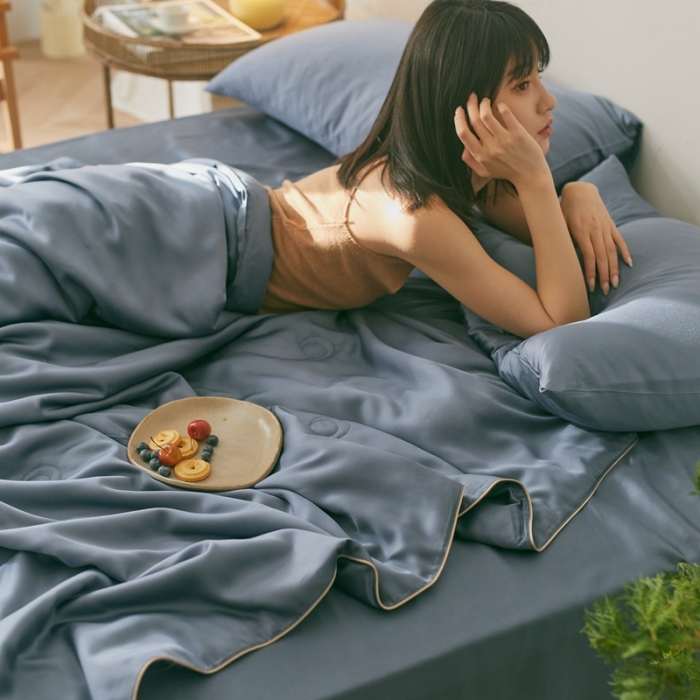 91家纺网 家纺一手货源 找家纺 丽笙 2021新款60兰精天丝素色刺绣系列夏被 简朴蓝