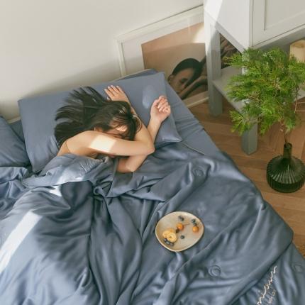 丽笙 2021新款60兰精天丝素色刺绣系列夏被 简朴蓝