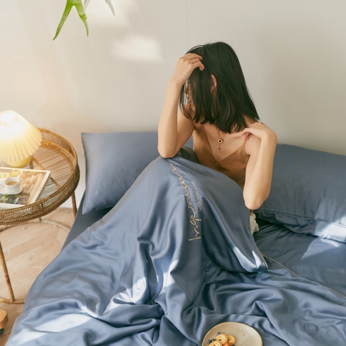 91家纺网 家纺一手货源 找家纺 丽笙 2021新款60兰精天丝素色刺绣系列夏被 简朴蓝