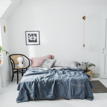 91家纺网 家纺一手货源 找家纺 丽笙 2021新款60兰精天丝素色刺绣系列夏被 简朴蓝