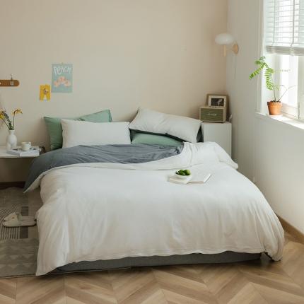 华超针织 2021新款天竺棉纯色双拼四件套 双拼白色拼深灰