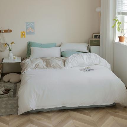 91家纺网 家纺一手货源 找家纺 华超针织 2021新款天竺棉纯色双拼四件套 双拼白色拼杏色