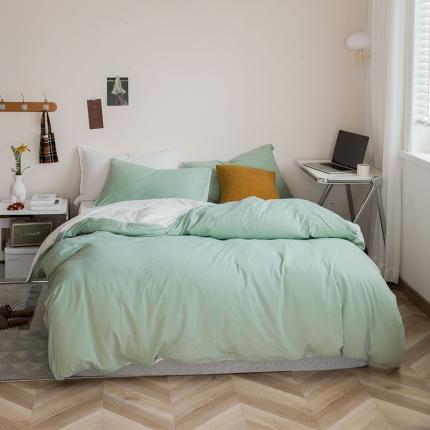 华超针织 2021新款天竺棉纯色双拼四件套 双拼豆绿拼白色