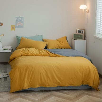 91家纺网 家纺一手货源 找家纺 华超针织 2021新款天竺棉纯色双拼四件套 双拼姜黄拼深灰