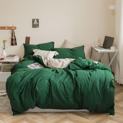 91家纺网 家纺一手货源 找家纺 华超针织 2021新款天竺棉纯色双拼四件套 双拼墨绿拼杏色