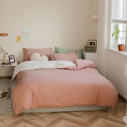 91家纺网 家纺一手货源 找家纺 华超针织 2021新款天竺棉纯色双拼四件套 双拼紫粉拼白色