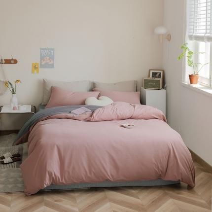 91家纺网 家纺一手货源 找家纺 华超针织 2021新款天竺棉纯色双拼四件套 双拼紫粉拼深灰