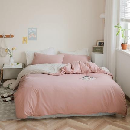 91家纺网 家纺一手货源 找家纺 华超针织 2021新款天竺棉纯色双拼四件套 双拼紫粉拼杏色