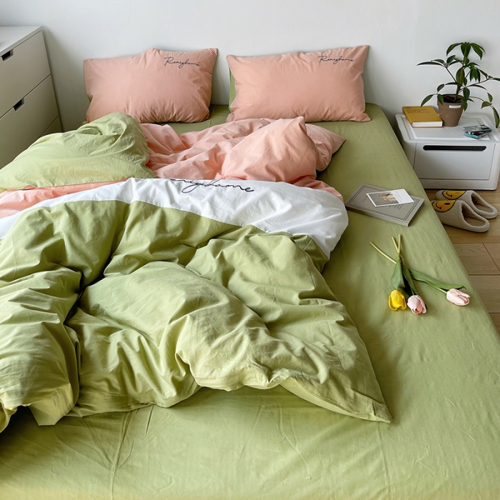 91家纺网 家纺一手货源 找家纺 蓝巢家纺 2021新款全棉水洗棉四件套早安系列 早安抹茶绿