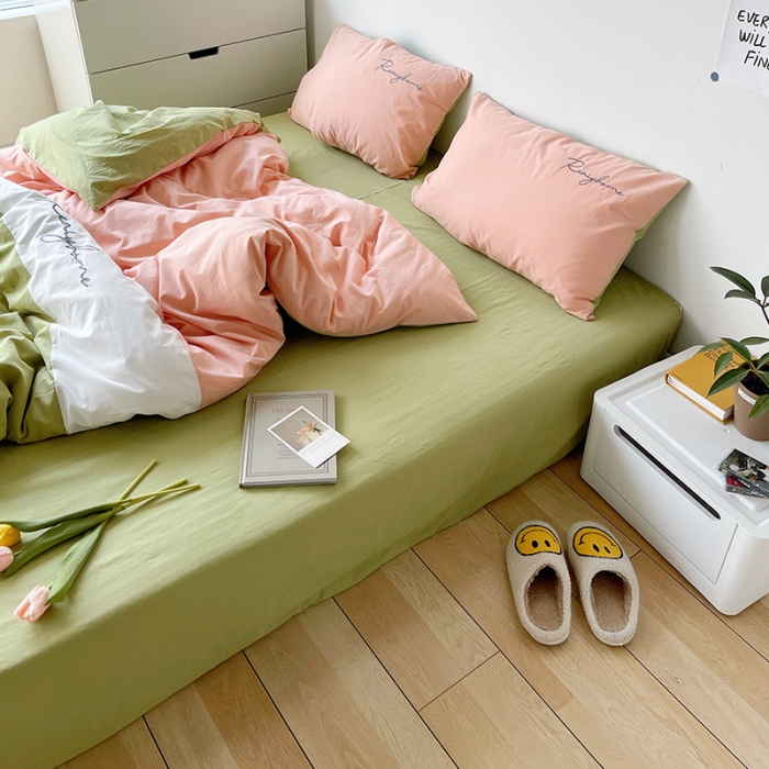 91家纺网 家纺一手货源 找家纺 蓝巢家纺 2021新款全棉水洗棉四件套早安系列 早安抹茶绿