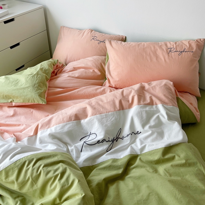 91家纺网 家纺一手货源 找家纺 蓝巢家纺 2021新款全棉水洗棉四件套早安系列 早安抹茶绿