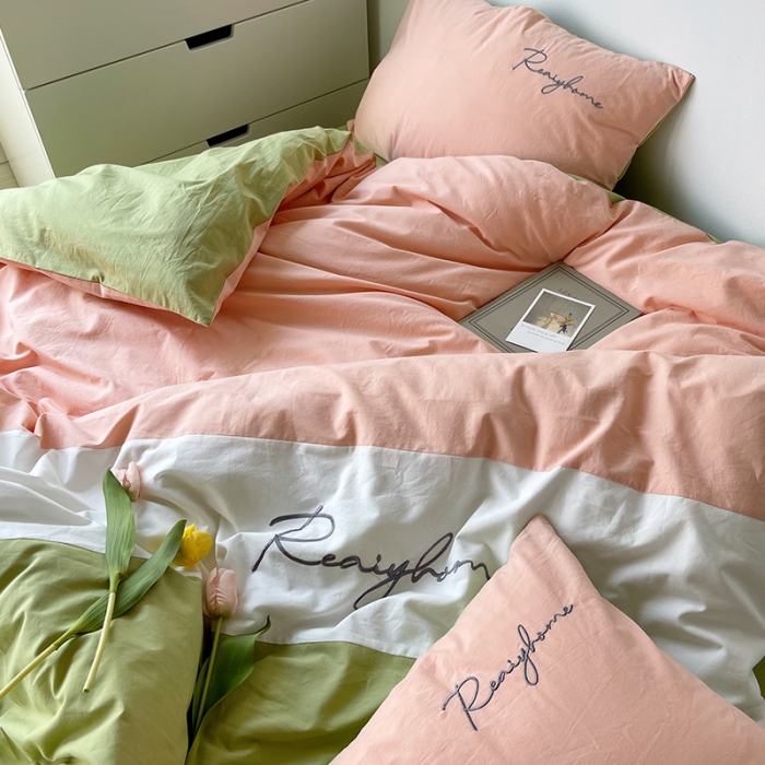 91家纺网 家纺一手货源 找家纺 蓝巢家纺 2021新款全棉水洗棉四件套早安系列 早安抹茶绿