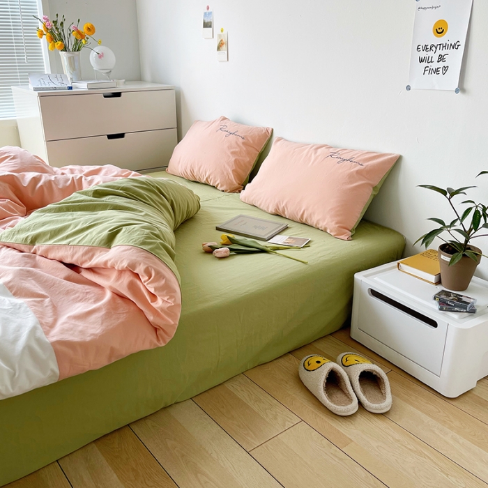 91家纺网 家纺一手货源 找家纺 蓝巢家纺 2021新款全棉水洗棉四件套早安系列 早安抹茶绿