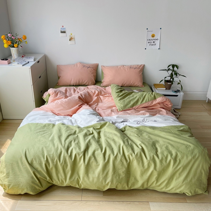 91家纺网 家纺一手货源 找家纺 蓝巢家纺 2021新款全棉水洗棉四件套早安系列 早安抹茶绿