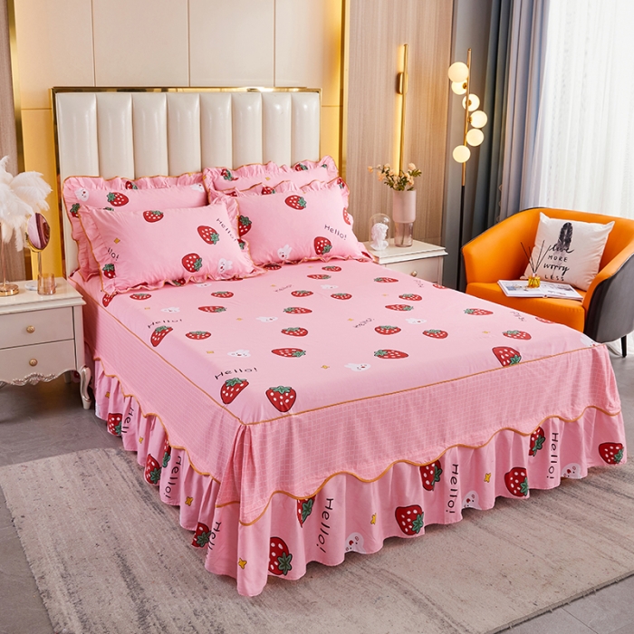 91家纺网 家纺一手货源 找家纺 十个点 2021新款弯边床裙 草莓果儿-粉