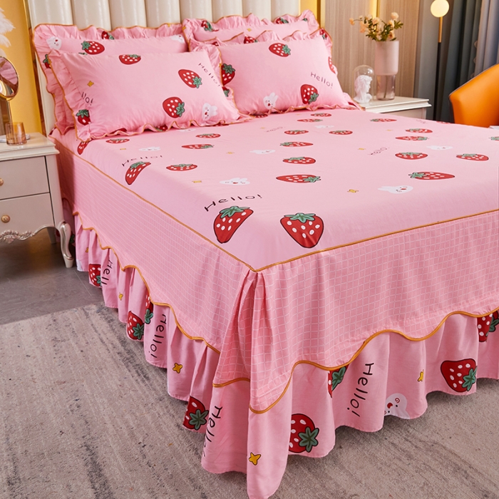 91家纺网 家纺一手货源 找家纺 十个点 2021新款弯边床裙 草莓果儿-粉