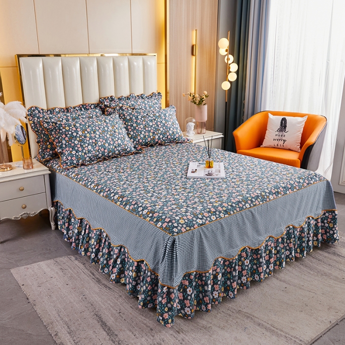 91家纺网 家纺一手货源 找家纺 十个点 2021新款弯边床裙 轻舞含香-蓝