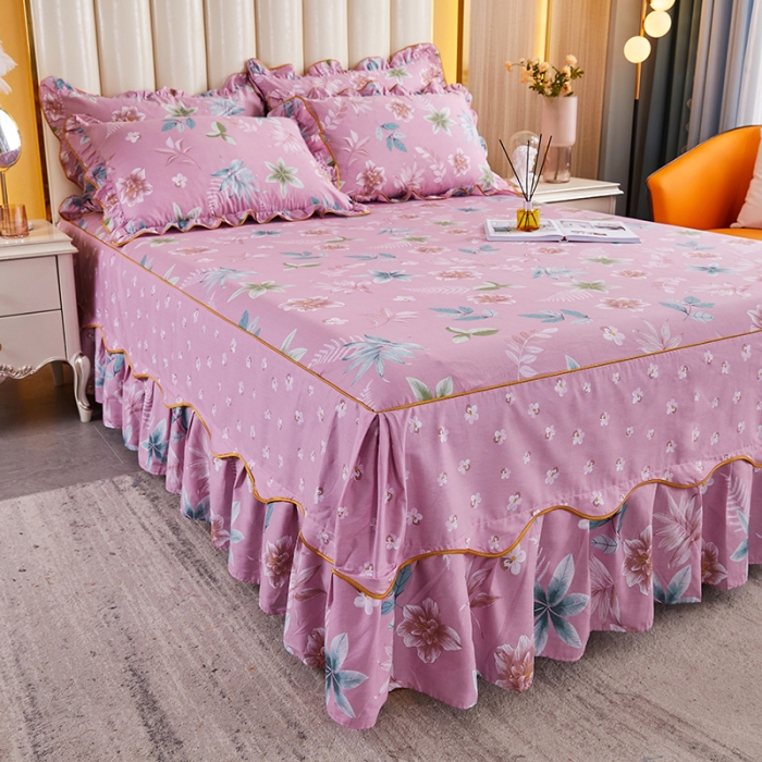 91家纺网 家纺一手货源 找家纺 十个点 2021新款弯边床裙 绚放韵语-豆沙